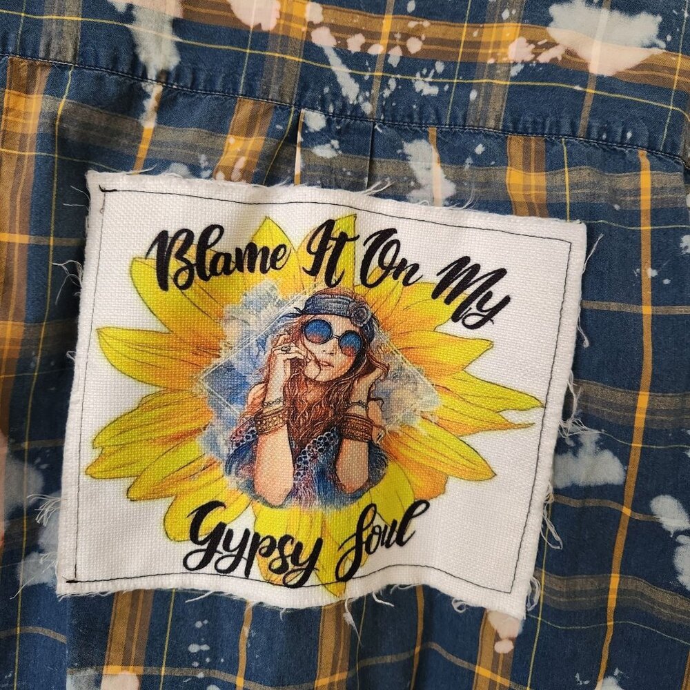 Upcycled Bleached Yellow Blue Plaid Button-Up Shirt Gypsy Soul Hippie Boho Cute - Picture 5 of 9